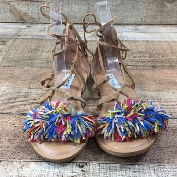 Steve Madden Swizzle Leather Gladiator Sandals Womens 7 Suede Lace Up Fringe Toe - Picture 2 of 11